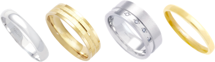 Four types of wedding bands in silver and gold.