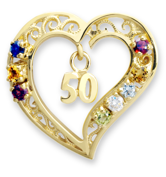 A gold jewelled heart pendant with a dangling "50" charm in the centre.
